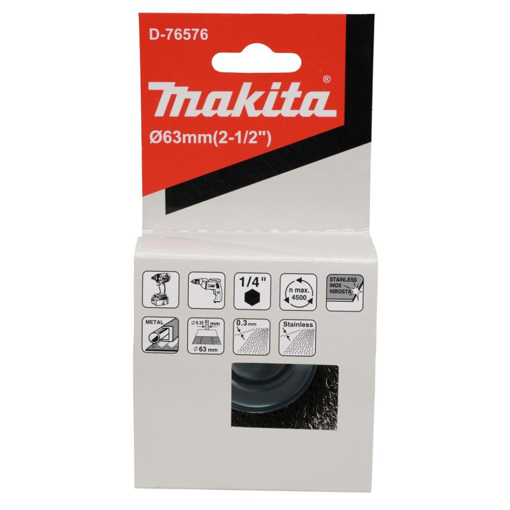MAKITA Teräsharja 65 mm. Kuvassa kuppiharjapakkaus edestäpäin.