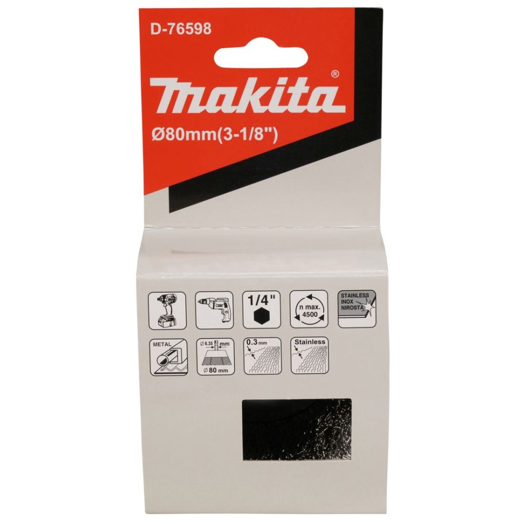 MAKITA Teräsharja 80 mm. Kuvassa kuppiharjapakkaus edestäpäin.
