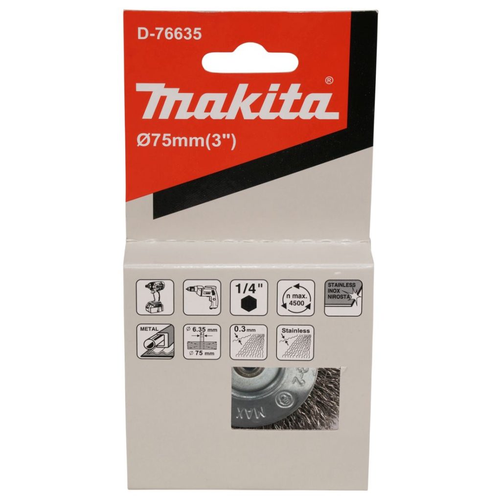 MAKITA Teräsharja 75 mm. Kuvassa laikkaharjapakkaus edestäpäin.