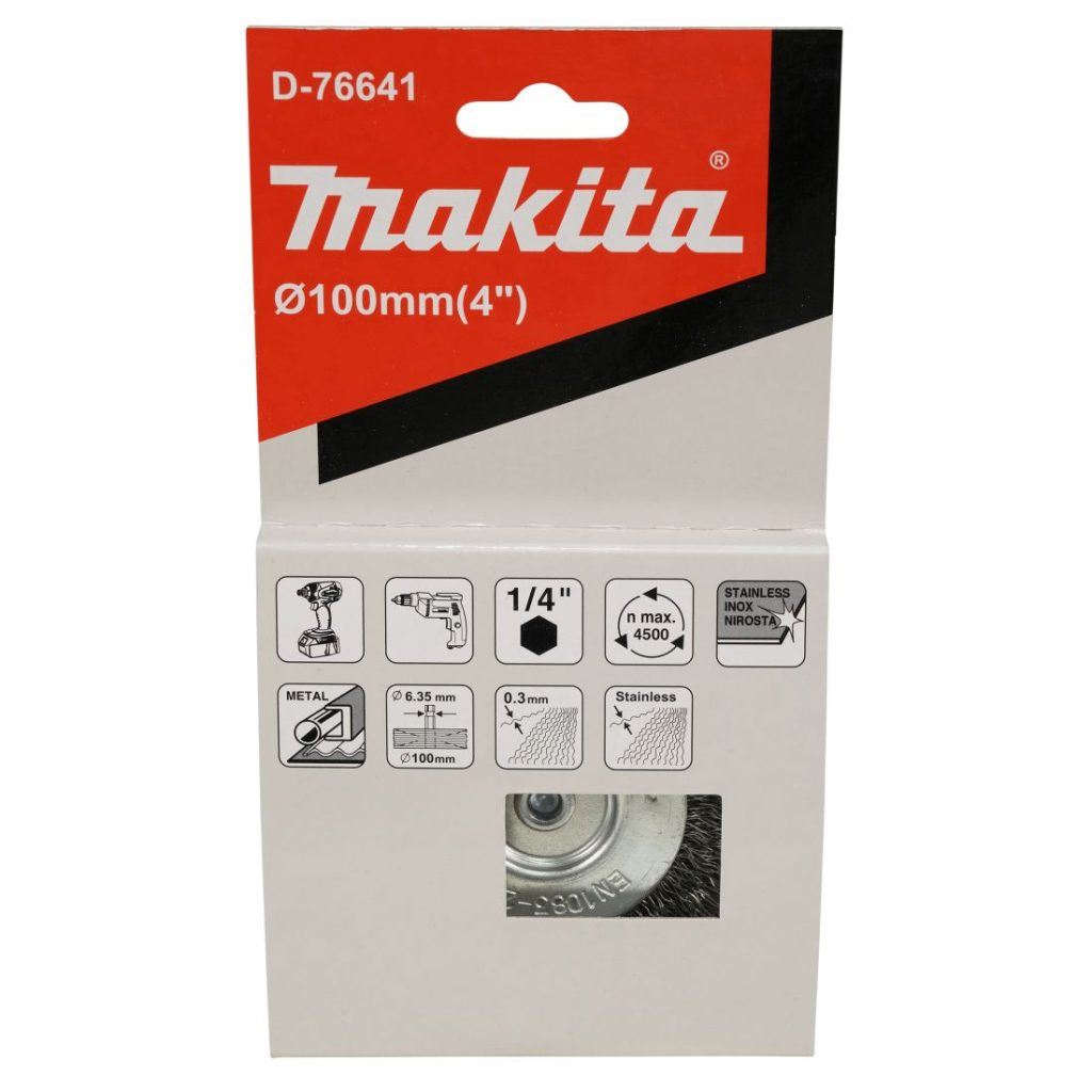 MAKITA Teräsharja 100 mm. Kuvassa laikkaharjapakkaus edestäpäin.