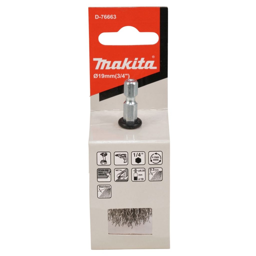 MAKITA Teräsharja 19 mm. Kuvassa pensseliharjapakkaus edestäpäin.