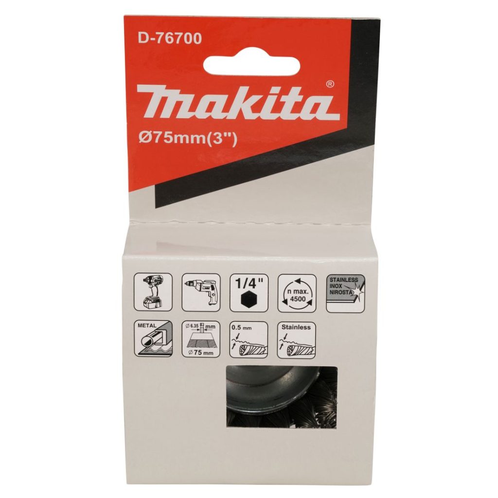 MAKITA Teräsharja 75 mm. Kuvassa kuppiharjapakkaus edestäpäin.