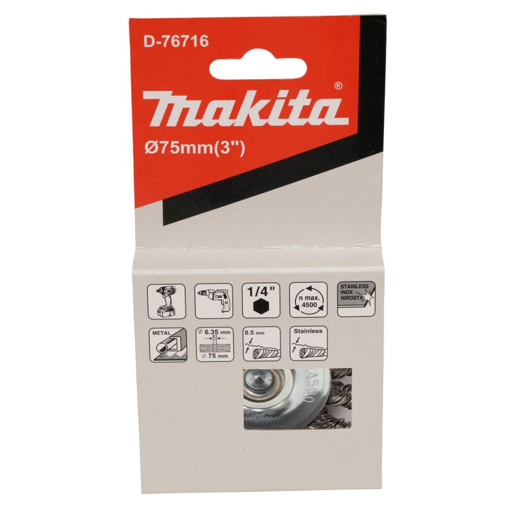 MAKITA Teräsharja 75 mm. Kuvassa laikkaharjapakkaus edestäpäin.