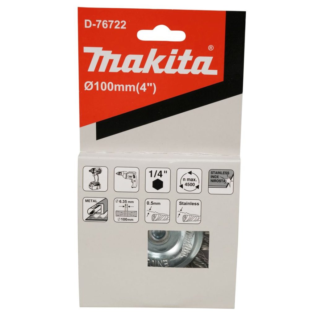 MAKITA Teräsharja 100 mm. Kuvassa laikkaharjapakkaus edestäpäin.