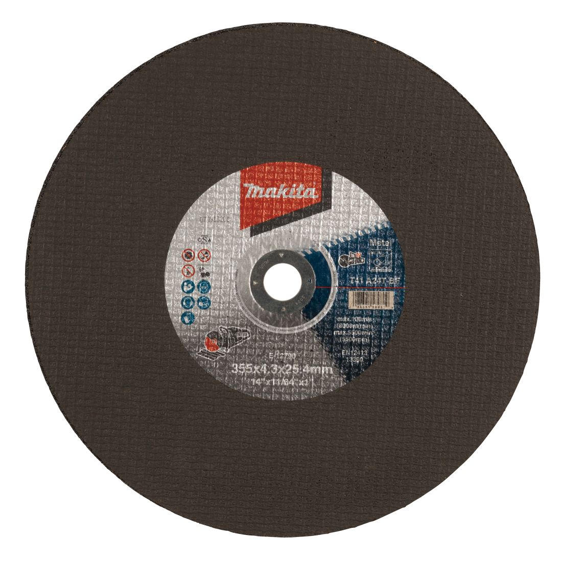 MAKITA Katkaisulaikka metalli 355x4,3x25,4 mm, A24T, 5kpl. Kuvassa katkaisulaikka edestäpäin.