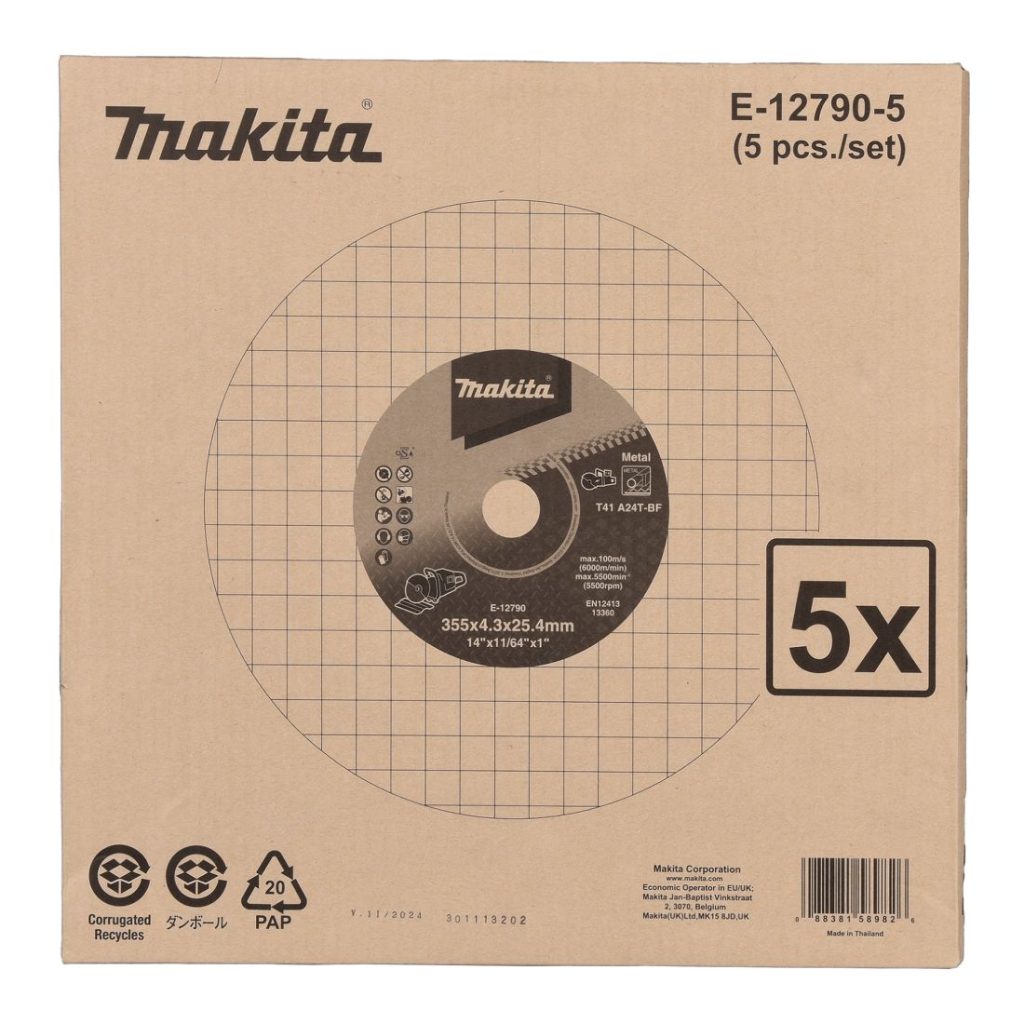MAKITA Katkaisulaikka metalli 355x4,3x25,4 mm, A24T, 5kpl. Kuvassa katkaisulaikkapakkaus edestäpäin.