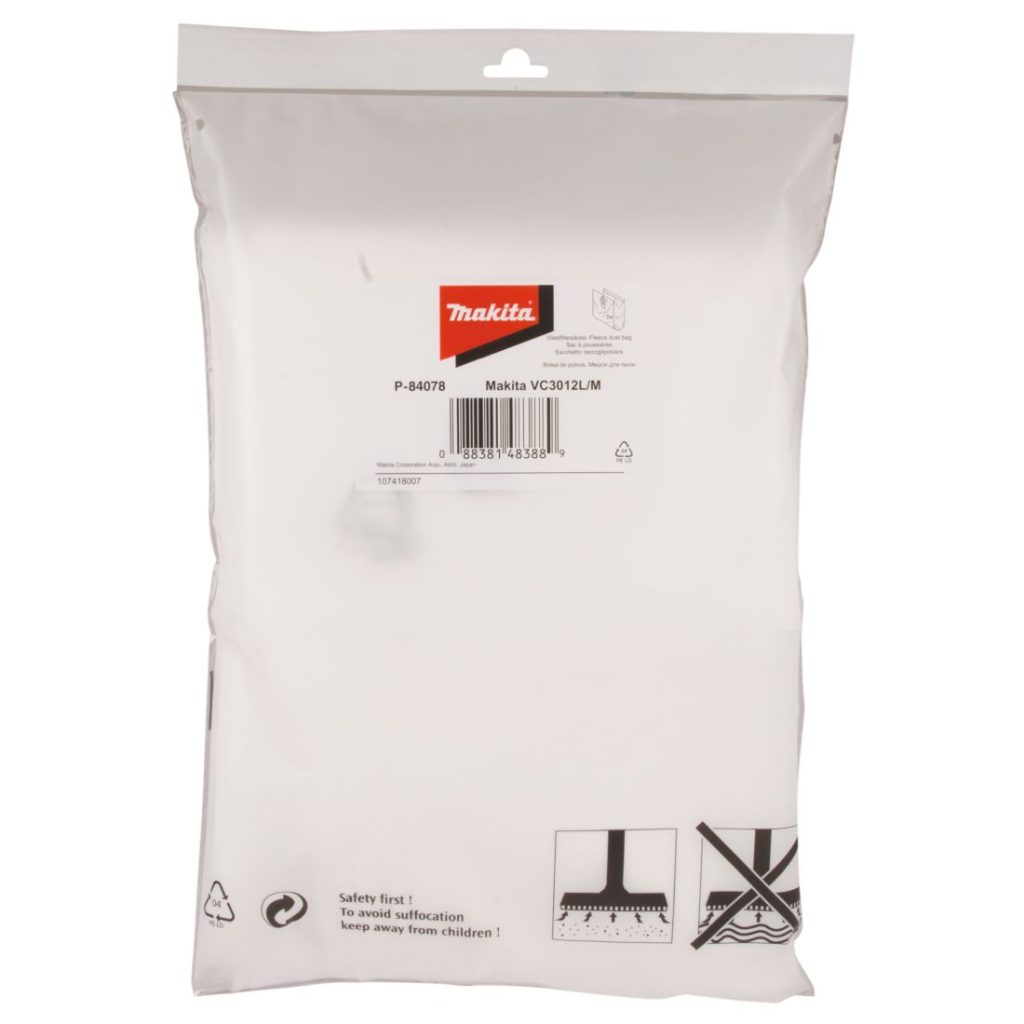 MAKITA Pölypussi fleece kangasta 5kpl (1 kpl VC3012M, VC3012L). Kuvassa pölypussipakkaus edestäpäin.