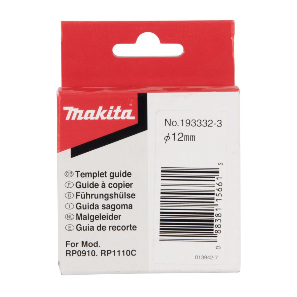 MAKITA Mallineohjain 10,5x12x14mm. Havainnekuvassa mallineohjaimen pakkaus edestäpäin.