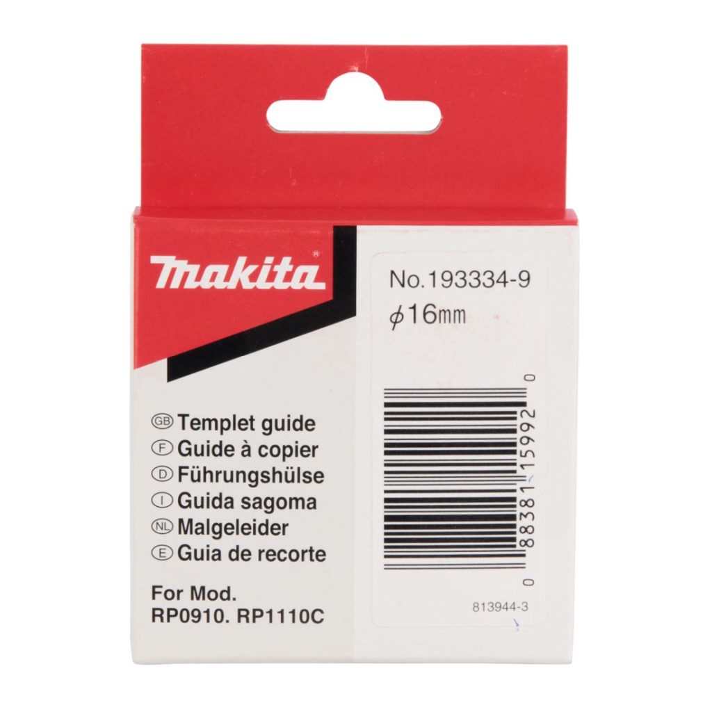 MAKITA Mallineohjain 14,5x16x11,5mm. Havainnekuvassa mallineohjaimen pakkaus edestäpäin.