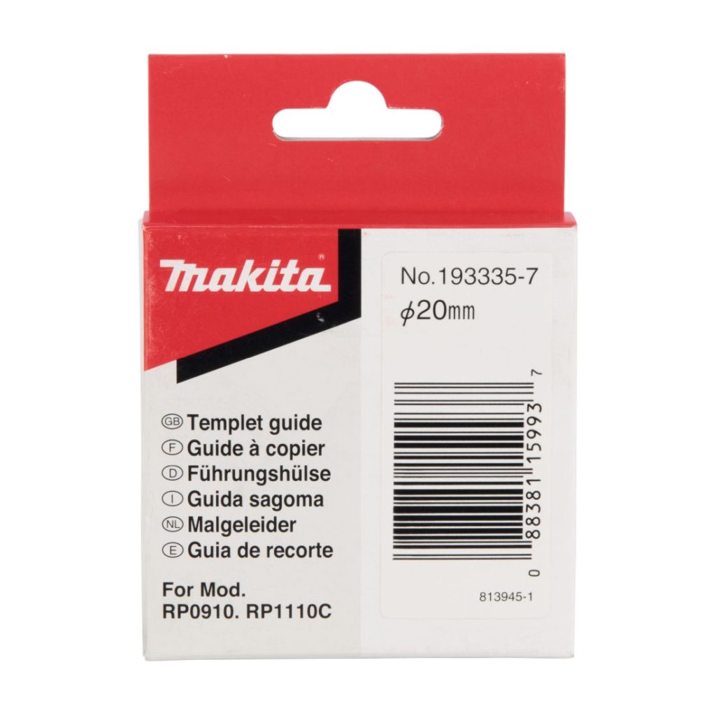 MAKITA Mallineohjain 18x20x13mm. Havainnekuvassa mallineohjaimen pakkaus edestäpäin.