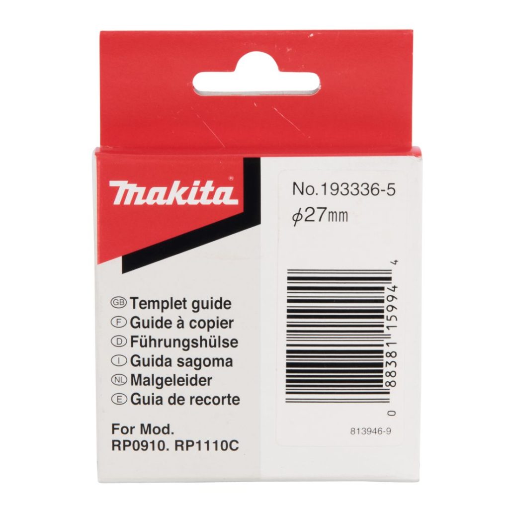 MAKITA Mallineohjain 24x27x13mm. Havainnekuvassa mallineohjaimen pakkaus edestäpäin.