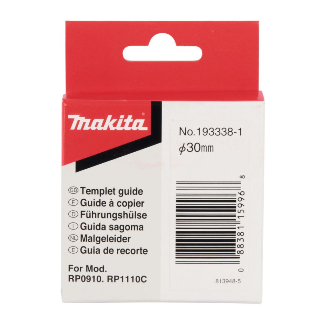 MAKITA Mallineohjain 27x30x13mm. Havainnekuvassa mallineohjaimen pakkaus edestäpäin.