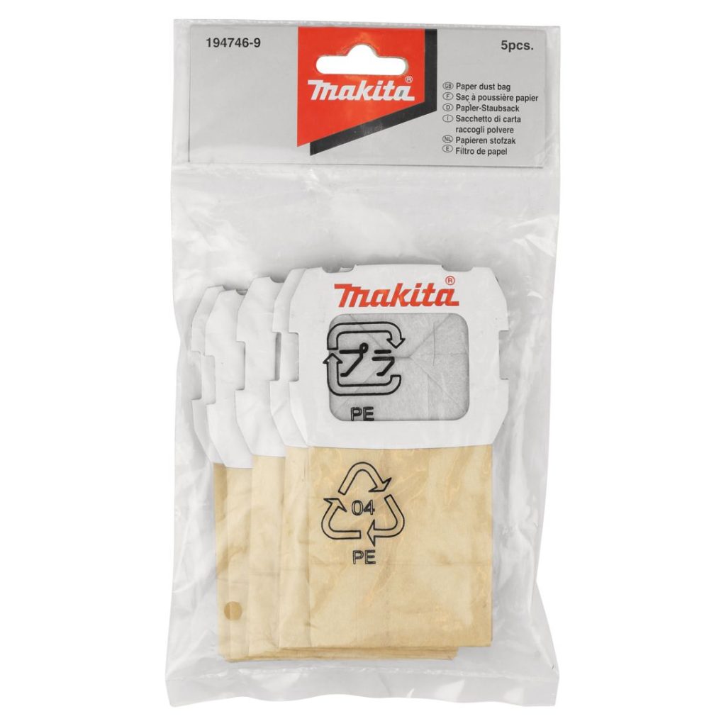 MAKITA Pölypussi paperi, pölykotelon sisään, 5 kpl. Kuvassa paperipölypussipakkaus edestäpäin.