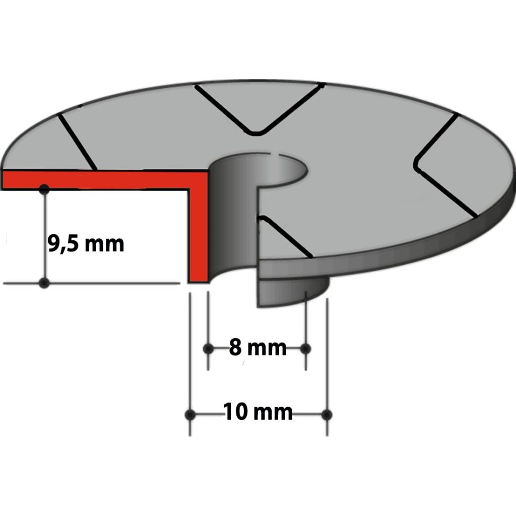 MAKITA Mallineohjain 8x10x9,5mm. Havainnekuvassa mallineohjaimen mitat.