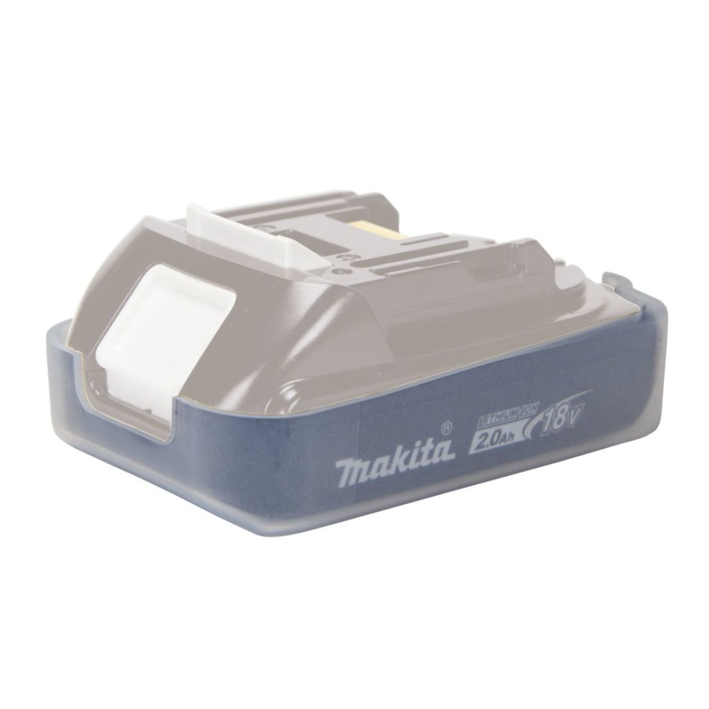 MAKITA Kumisuojus 18V LXT ® akuille BL1815N ja BL1820B. Havainnekuvassa kumisuojus kiinnitettynä akun pohjaan.
