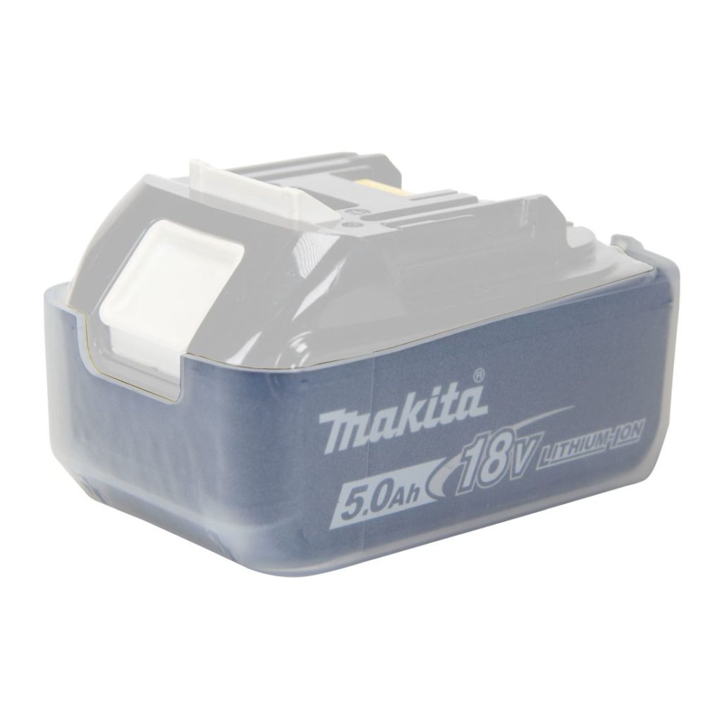 MAKITA Kumisuojus 18V LXT ® akuille BL1830B, BL1840B, BL1850B ja BL1860B. Havainnekuvassa kumisuojus kiinnitettynä akun pohjaan.
