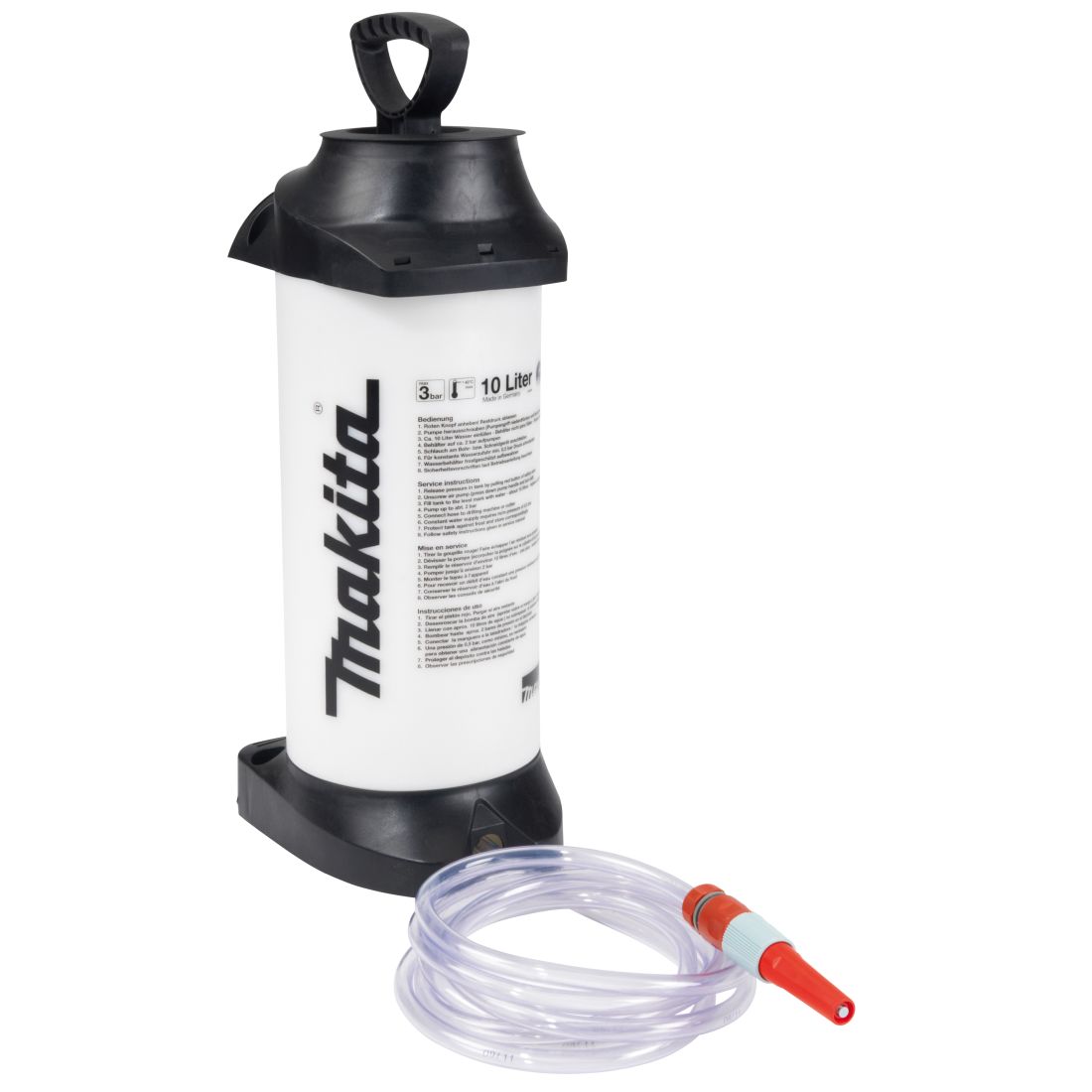 MAKITA Painevesisäiliö 10 L, Makita. Kuvassa painevesisäiliö etuyläviistosta.