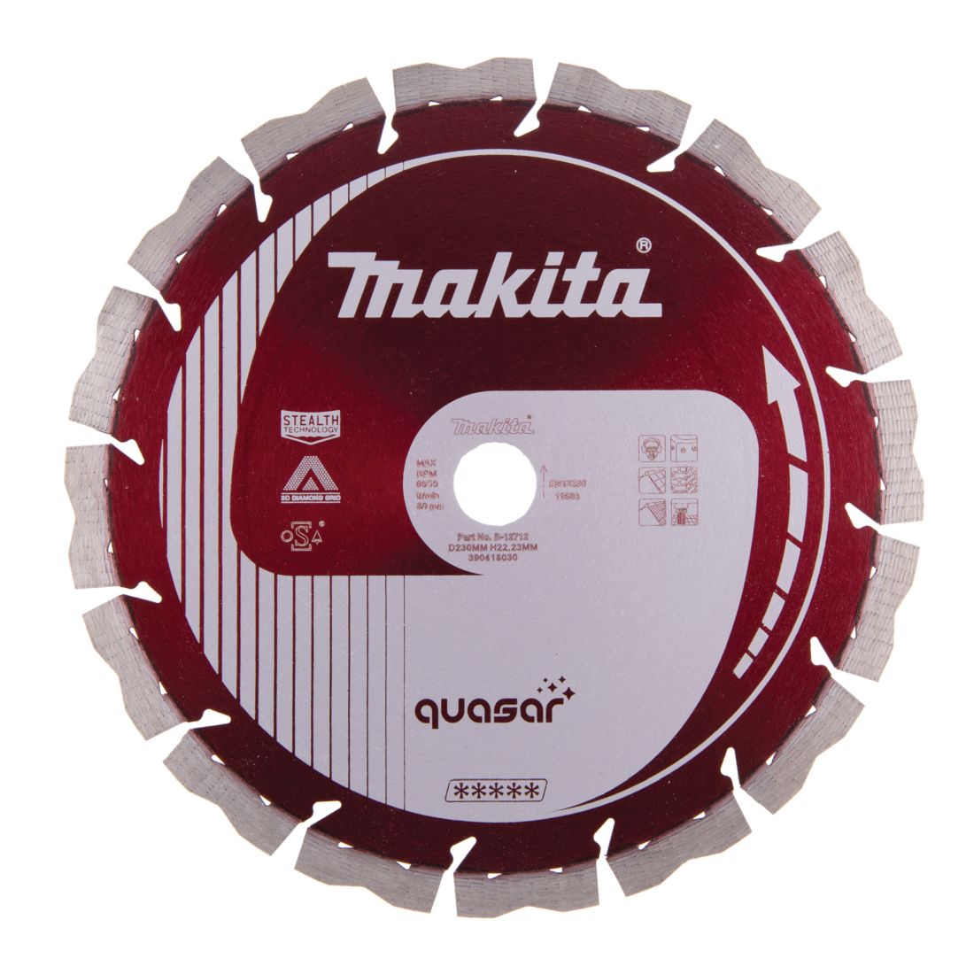 MAKITA Timanttikatkaisulaikka 230mm, Quasar segmenttikorkeus 12mm, Stealth, 3DDG. Kuvassa timanttikatkaisulaikka edestäpäin.