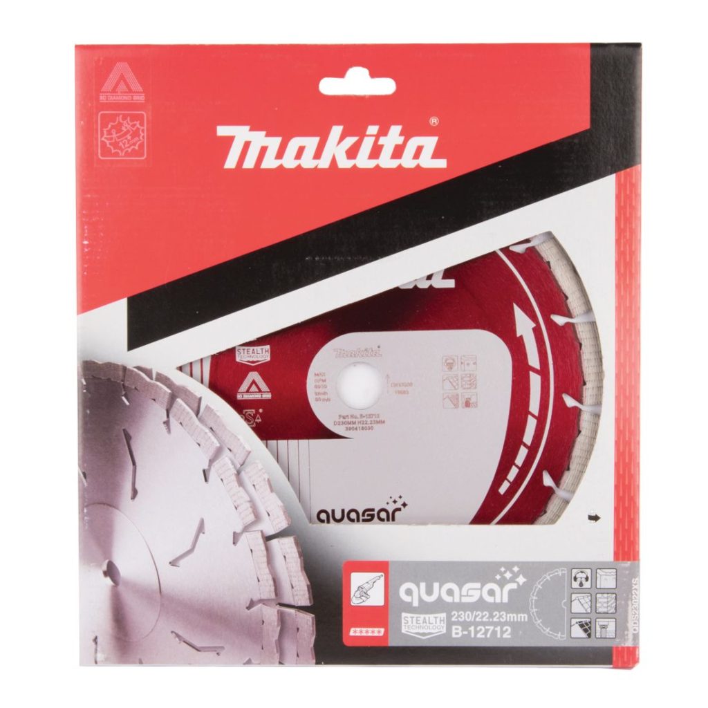 MAKITA Timanttikatkaisulaikka 230mm, Quasar segmenttikorkeus 12mm, Stealth, 3DDG. Kuvassa timanttikatkaisulaikkapakkaus edestäpäin.