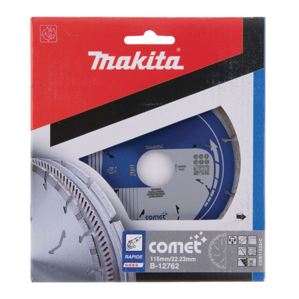 MAKITA Timanttikatkaisulaikka 115mm, Comet Rapid, segmenttikorkeus 10mm, jäähdytysreiät. Kuvassa timanttikatkaisulaikkapakkaus edestäpäin.