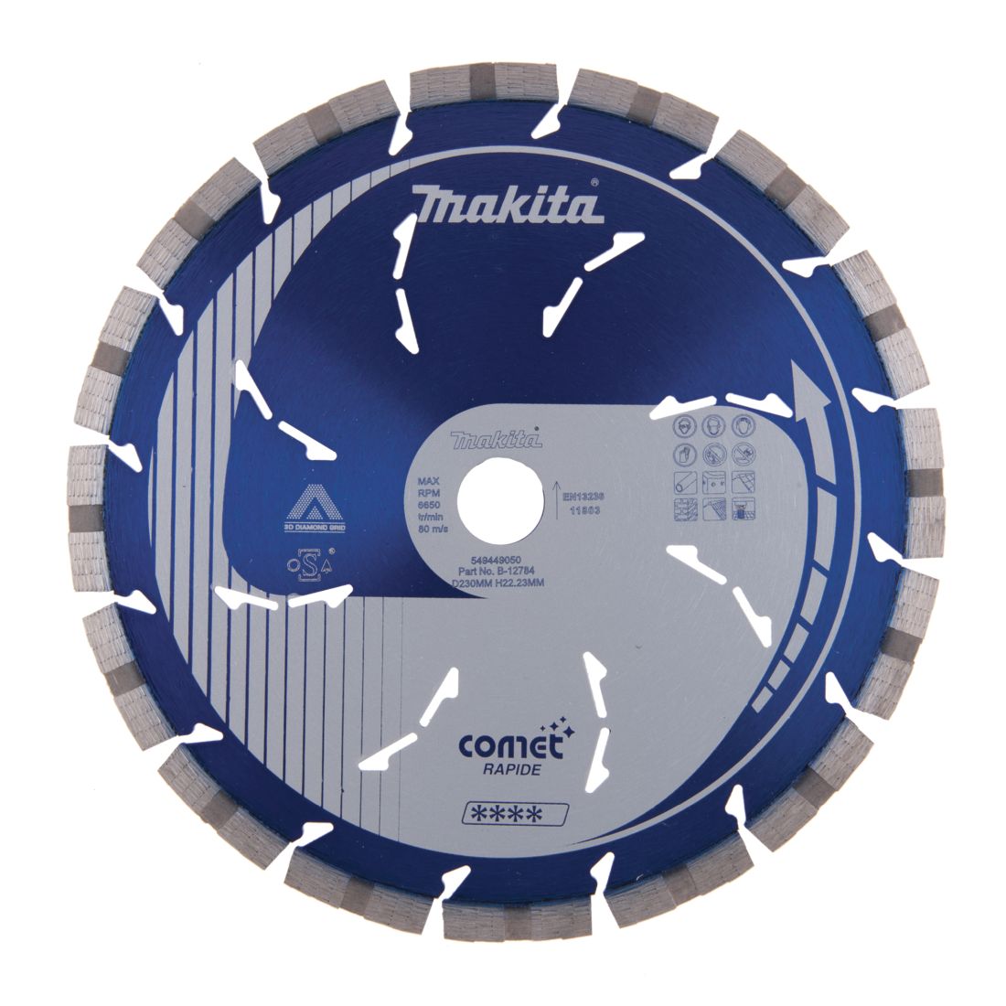 MAKITA Timanttikatkaisulaikka 230mm, Comet Rapid, segmenttikorkeus 10mm, jäähdytysreiät, 3DDG. Kuvassa timanttikatkaisulaikka edestäpäin.