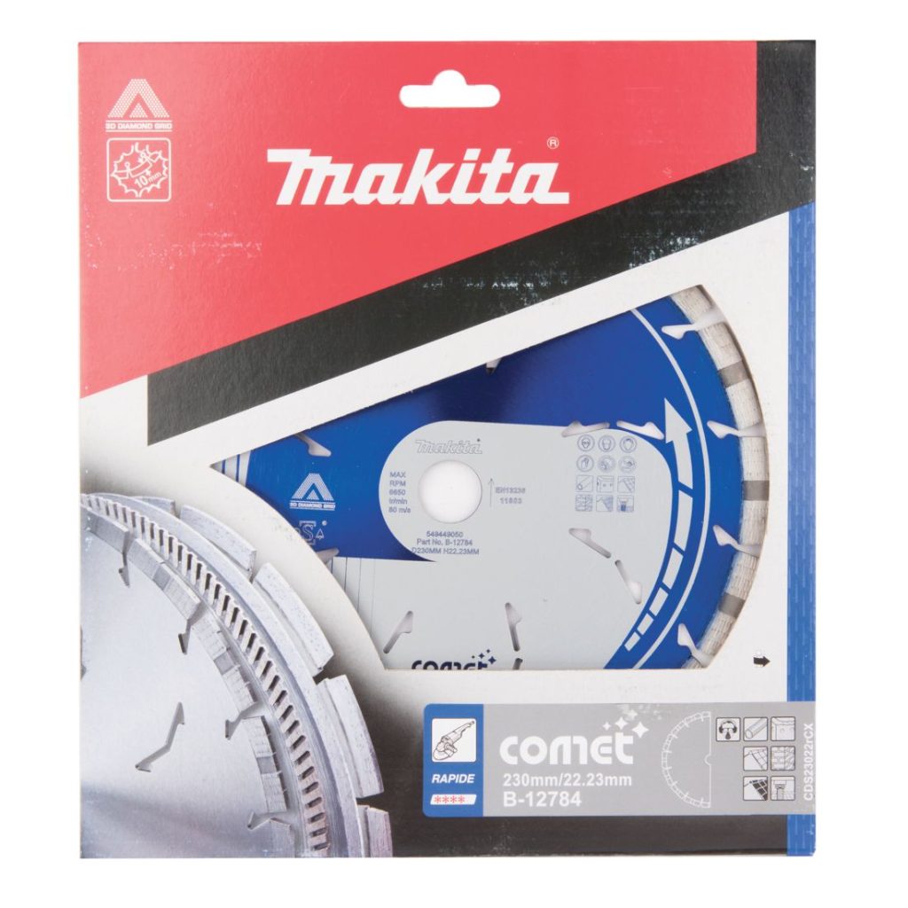 MAKITA Timanttikatkaisulaikka 230mm, Comet Rapid, segmenttikorkeus 10mm, jäähdytysreiät, 3DDG. Kuvassa timanttikatkaisulaikkapakkaus edestäpäin.
