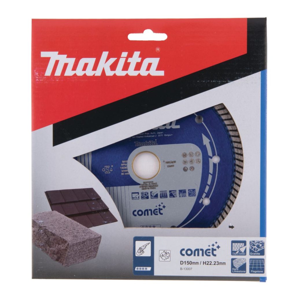 MAKITA Timanttikatkaisulaikka 150 x 22,23 mm Comet. Kuvassa timanttikatkaisulaikkapakkaus edestäpäin.