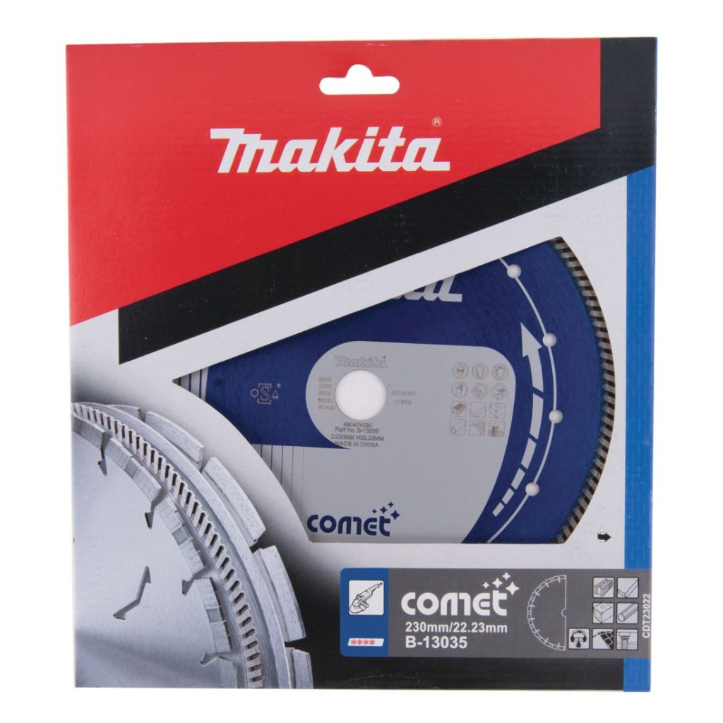 MAKITA Timanttikatkaisulaikka 230 x 22,23 mm, Comet. Kuvassa timanttikatkaisulaikkapakkaus edestäpäin.