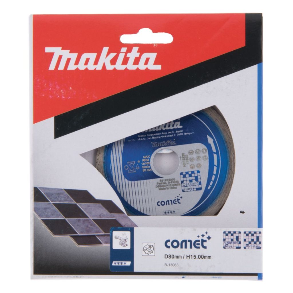MAKITA Timanttikatkaisulaikka Comet 80x15mm, segmenttikorkeus 5mm. Kuvassa timanttikatkaisulaikkapakkaus edestäpäin.