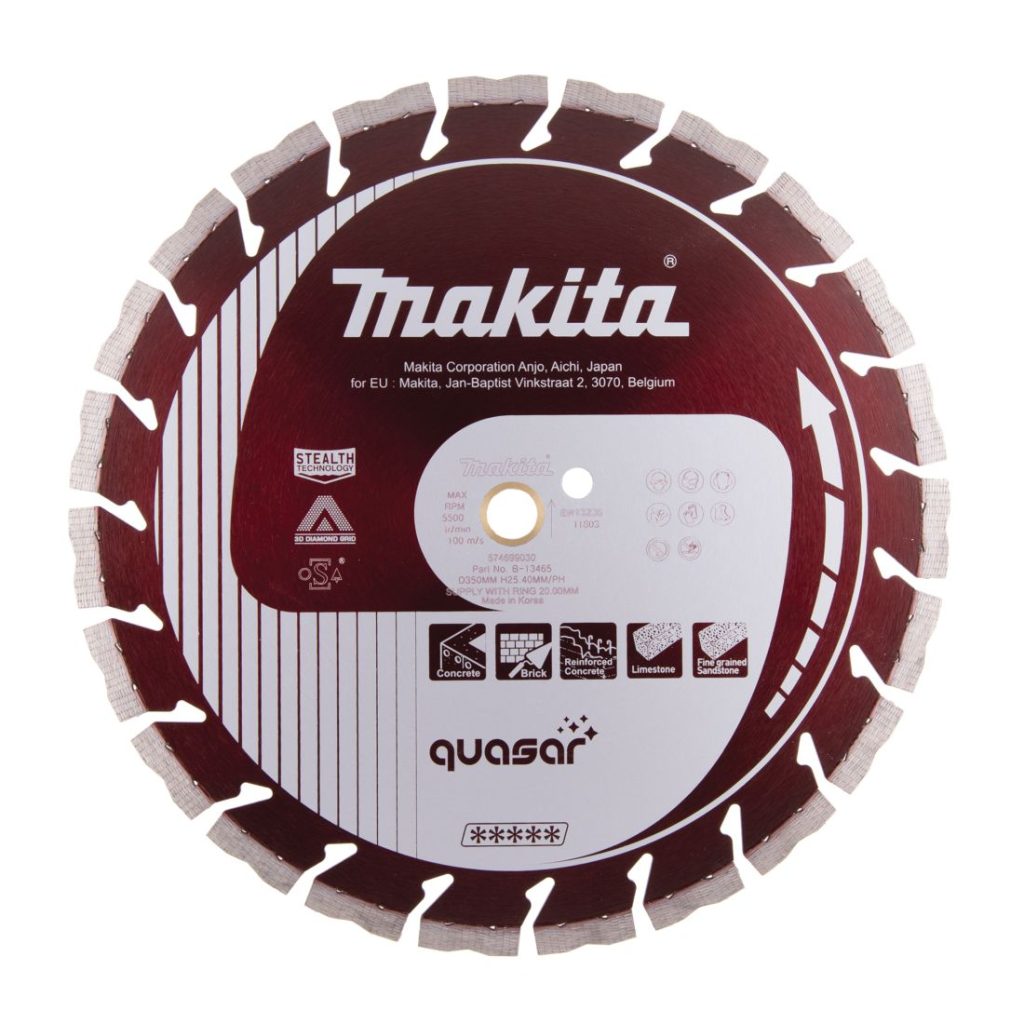 MAKITA Timanttikatkaisulaikka Quasar 350x25,4/20mm, segmentti 12mm. Kuvassa timanttikatkaisulaikka edestäpäin.