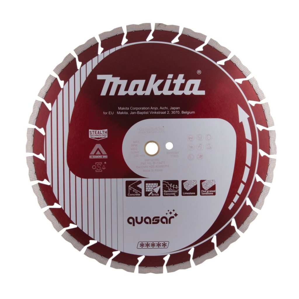 MAKITA Timanttikatkaisulaikka Quasar 400x25,4/20mm, segmenttikorkeus 12mm. Kuvassa timanttikatkaisulaikka edestäpäin.