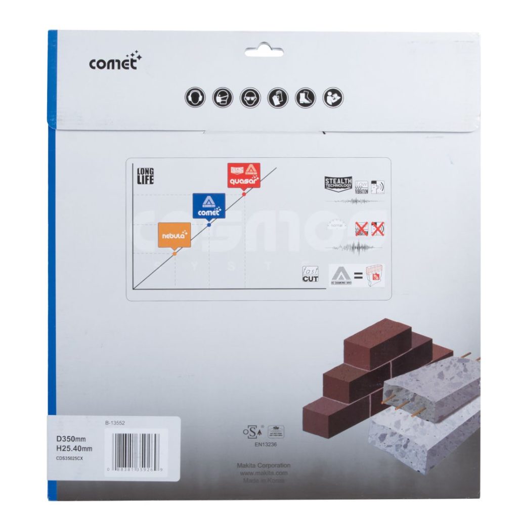 MAKITA Timanttikatkaisulaikka Comet Rapid 350x25,4/20mm, segmentti 10mm. Kuvassa timanttikatkaisulaikkapakkaus takaapäin.