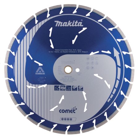 MAKITA Timanttikatkaisulaikka 400mm, Comet Rapid, segmenttikorkeus 10mm, jäähdytysreiät, 3DDG. Kuvassa timanttikatkaisulaikka edestäpäin.