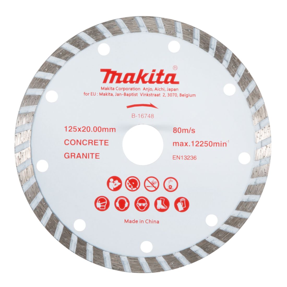 MAKITA Timanttikatkaisulaikka 125 x 20 mm, segmenttikorkeus 7,5 mm. Kuvassa timanttikatkaisulaikka edestäpäin.