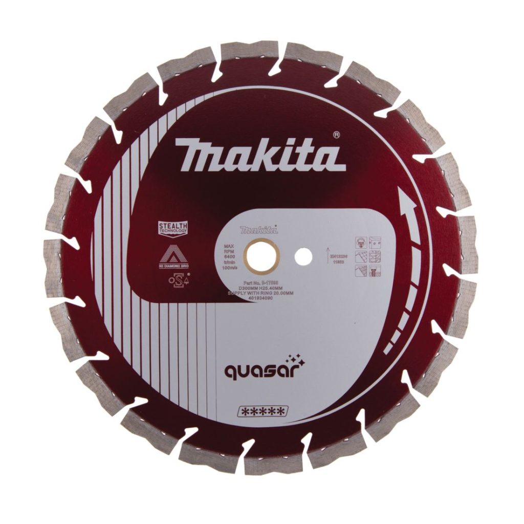 MAKITA Timanttikatkaisulaikka 300x25,4/20mm, Quasar segmenttikorkeus 12mm, Stealth, 3DDG. Kuvassa timanttikatkaisulaikka edestäpäin.