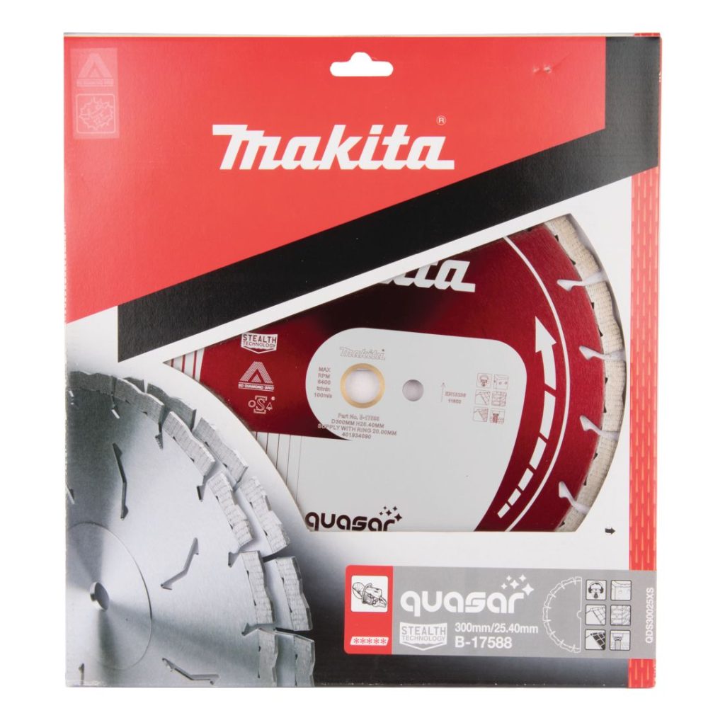 MAKITA Timanttikatkaisulaikka 300x25,4/20mm, Quasar segmenttikorkeus 12mm, Stealth, 3DDG. Kuvassa timanttikatkaisulaikkapakkaus edestäpäin.