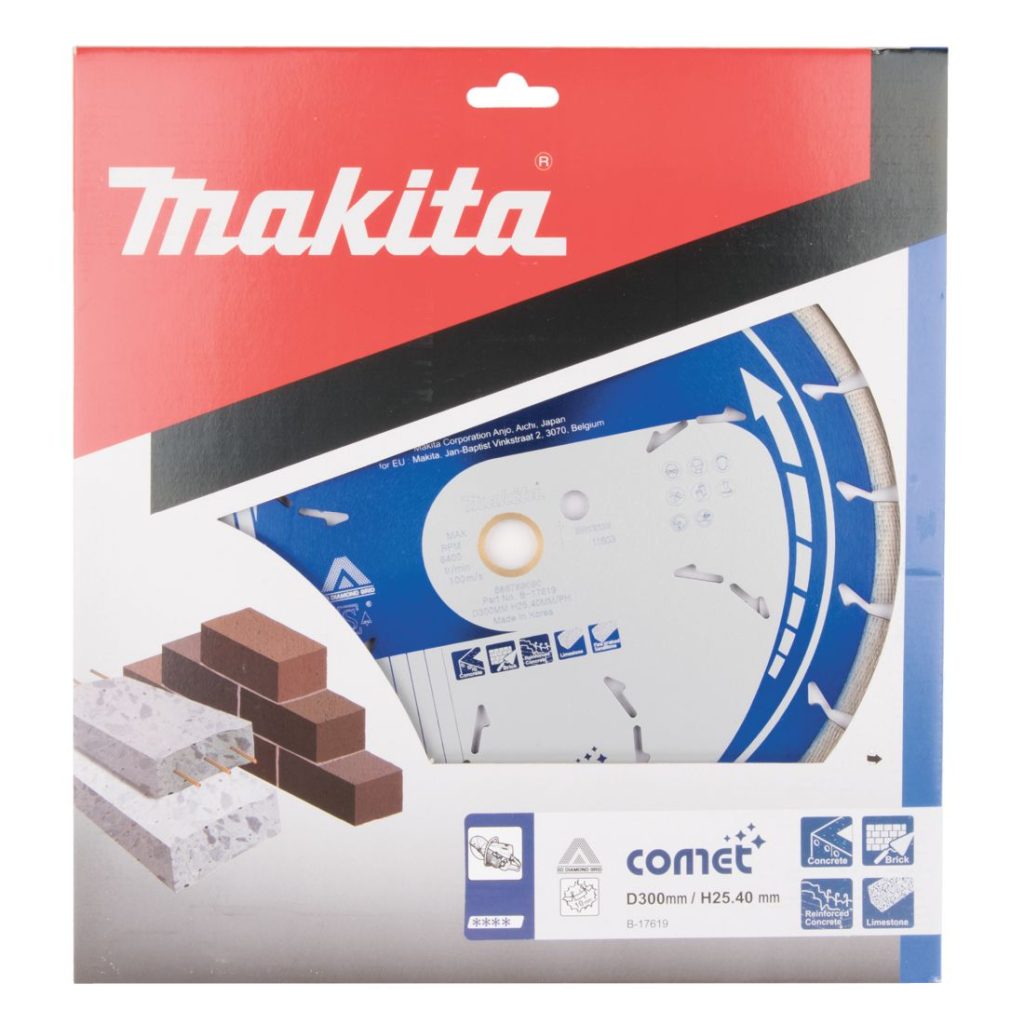 MAKITA Timanttikatkaisulaikka Comet Rapid 300x25,4/20mm, segmentti 10mm. Kuvassa timanttikatkaisulaikkapakkaus edestäpäin.