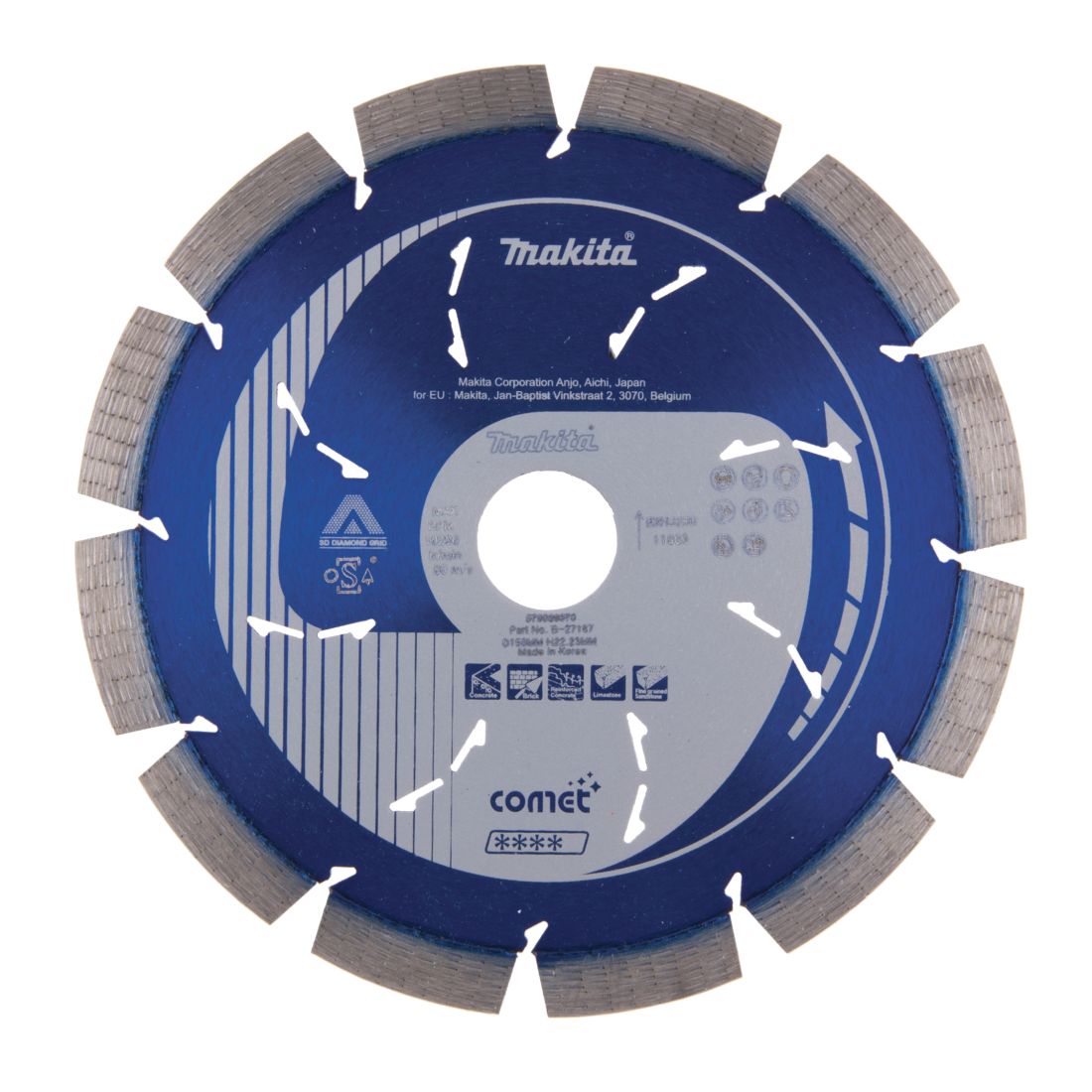 MAKITA Timanttikatkaisulaikka 150x22,23mm, Comet Rapid, segmenttikorkeus 10mm, jäähdytysreiät. Kuvassa timanttikatkaisulaikka edestäpäin.