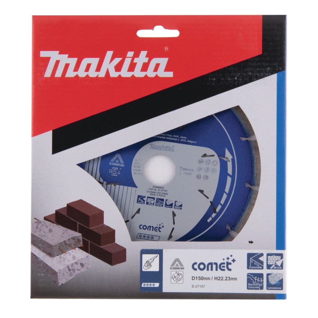 MAKITA Timanttikatkaisulaikka 150x22,23mm, Comet Rapid, segmenttikorkeus 10mm, jäähdytysreiät. Kuvassa timanttikatkaisulaikkapakkaus edestäpäin.