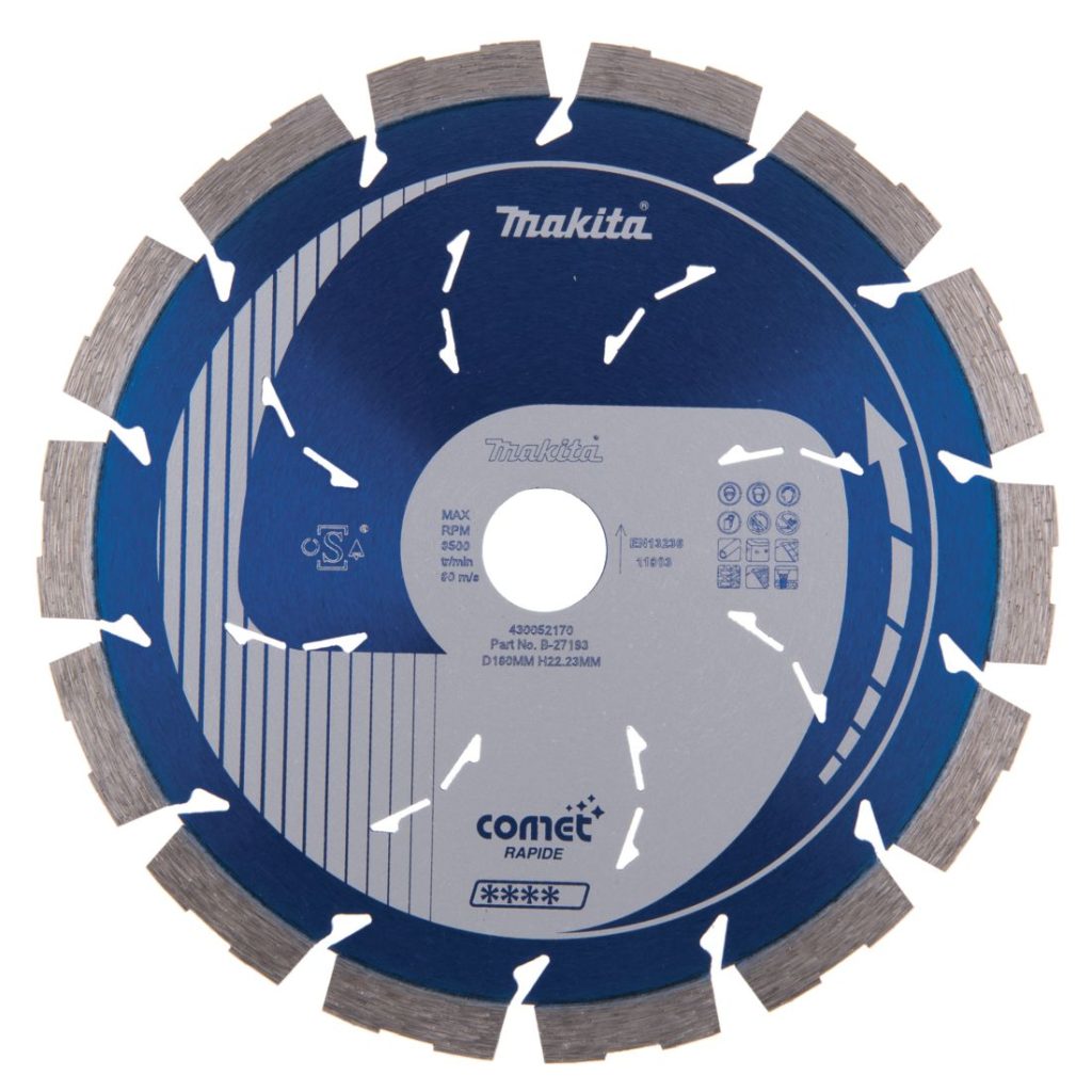 MAKITA Timanttikatkaisulaikka 180x22,23mm, Comet Rapid, segmenttikorkeus 10mm, jäähdytysreiät. Kuvassa timanttikatkaisulaikka edestäpäin.