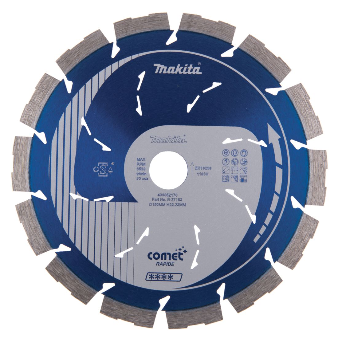 MAKITA Timanttikatkaisulaikka 180x22,23mm, Comet Rapid, segmenttikorkeus 10mm, jäähdytysreiät. Kuvassa timanttikatkaisulaikka edestäpäin.