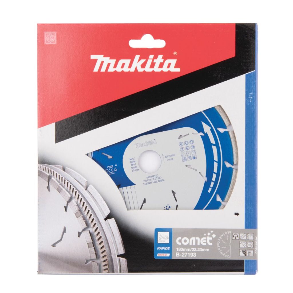 MAKITA Timanttikatkaisulaikka 180x22,23mm, Comet Rapid, segmenttikorkeus 10mm, jäähdytysreiät. Kuvassa timanttikatkaisulaikkapakkaus edestäpäin.
