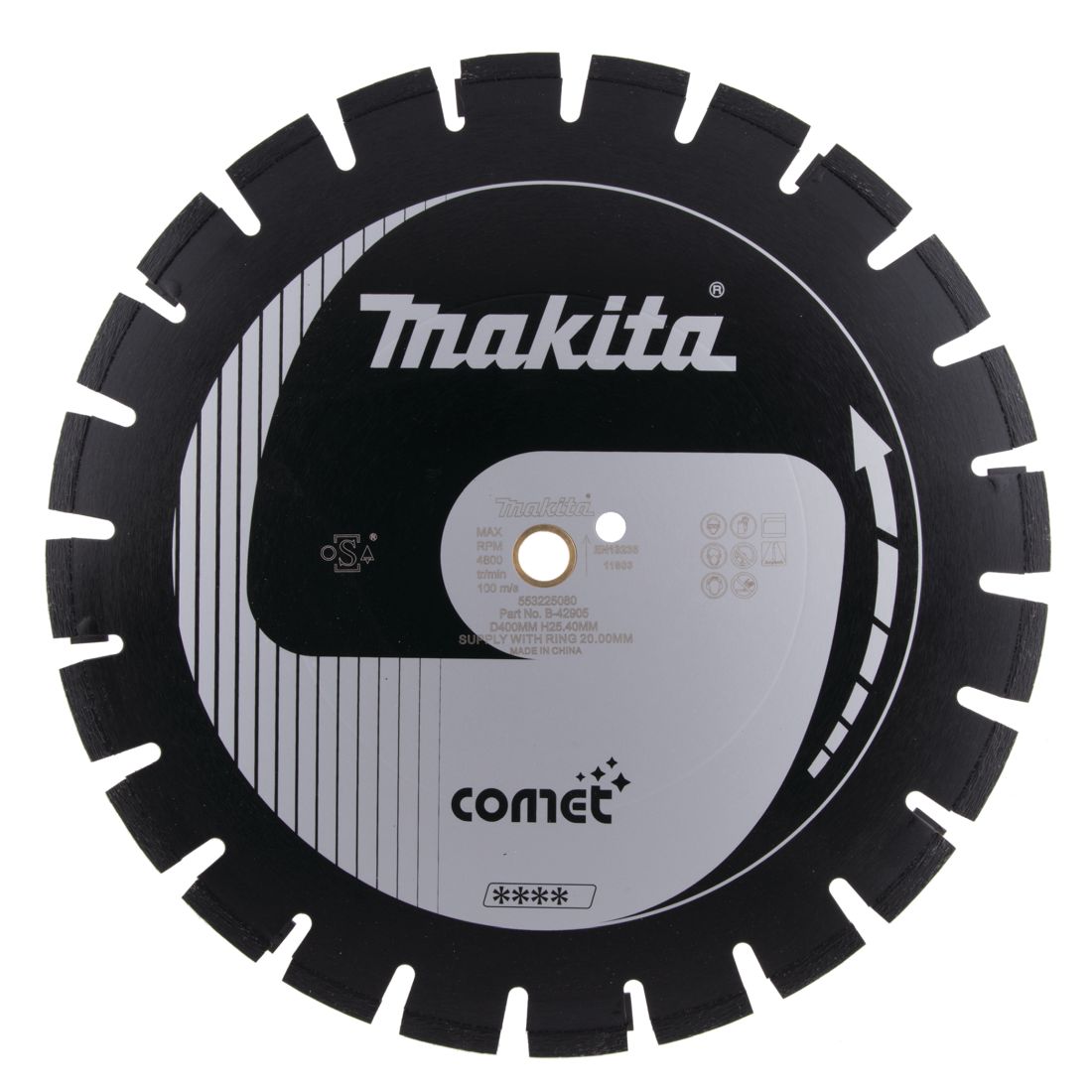 MAKITA Timanttikatkaisulaikka Comet 400x25,4/20mm, segmentti 10 mm. Kuvassa timanttikatkaisulaikka edestäpäin.