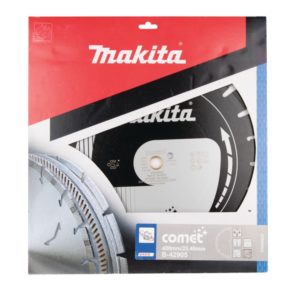MAKITA Timanttikatkaisulaikka Comet 400x25,4/20mm, segmentti 10 mm. Kuvassa timanttikatkaisulaikkapakkaus edestäpäin.