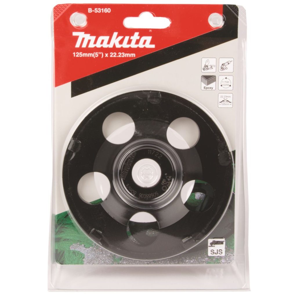 MAKITA Timanttikuppilaikka 125mm, PCD laikka, maalin ym.poistoon. Kuvassa timanttikuppilaikkapakkaus edestäpäin.