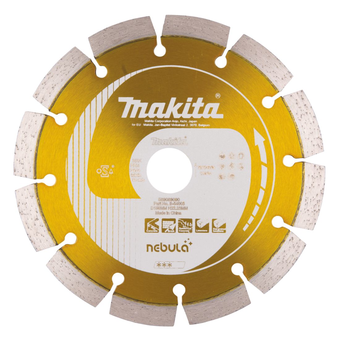 MAKITA Timanttikatkaisulaikka 150x22,23mm, Nebula, segmenttikorkeus 10mm. Kuvassa timanttikatkaisulaikka edestäpäin.
