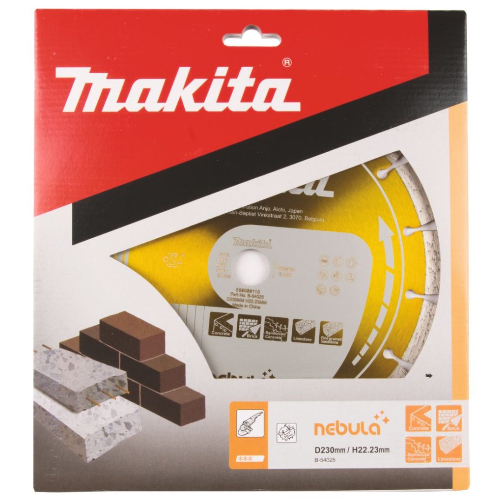 MAKITA Timanttikatkaisulaikka 230x22,23mm, Nebula, segmenttikorkeus 10mm. Kuvassa timanttikatkaisulaikkapakkaus edestäpäin.