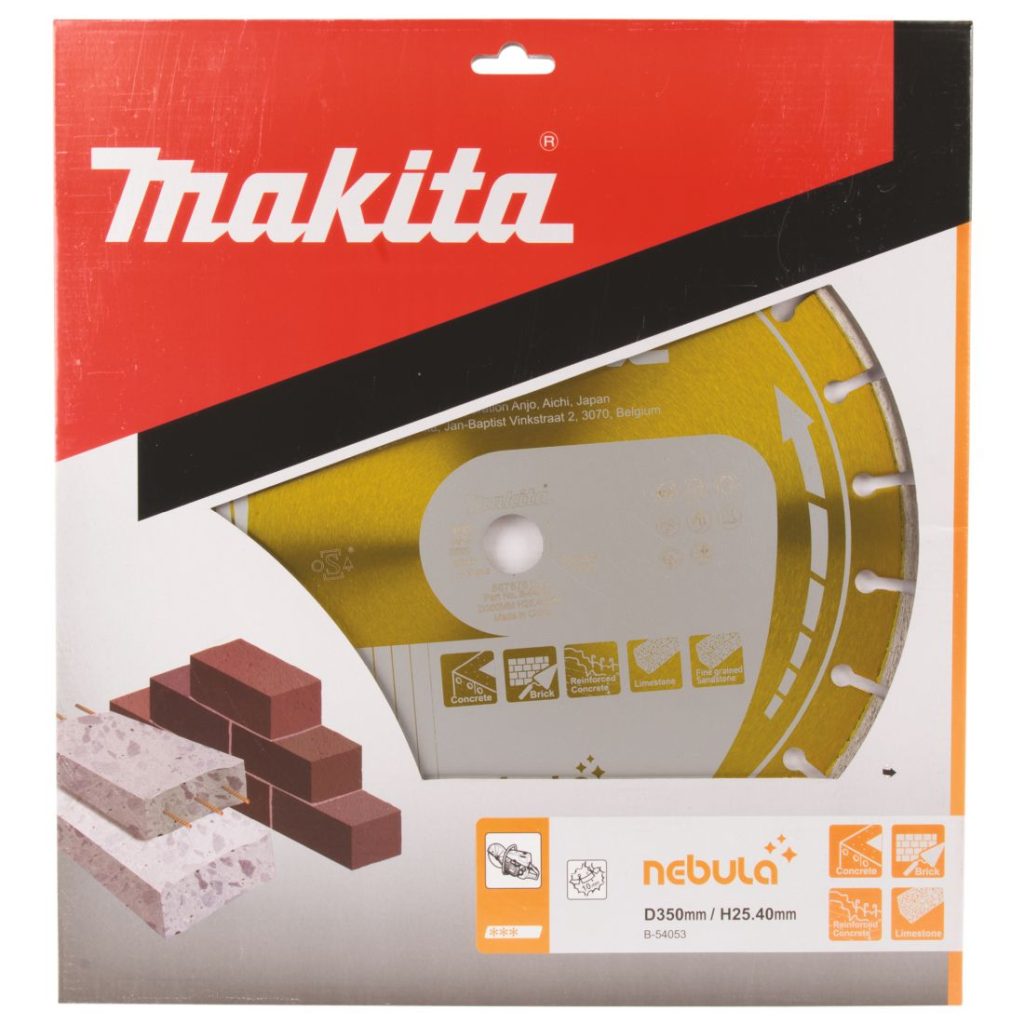 MAKITA Timanttikatkaisulaikka Nebula 350x25,4/20mm, segmentti 10mm. Kuvassa timanttikatkaisulaikkapakkaus edestäpäin.