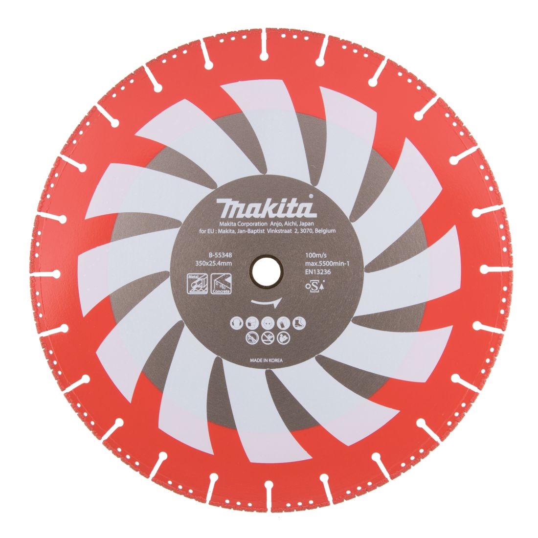MAKITA Timanttikatkaisulaikka 350x25,4mm Rescue. Kuvassa timanttikatkaisulaikka edestäpäin.
