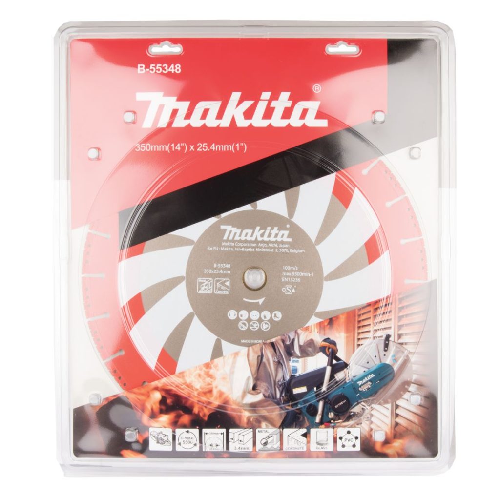 MAKITA Timanttikatkaisulaikka 350x25,4mm Rescue. Kuvassa timanttikatkaisulaikkapakkaus edestäpäin.